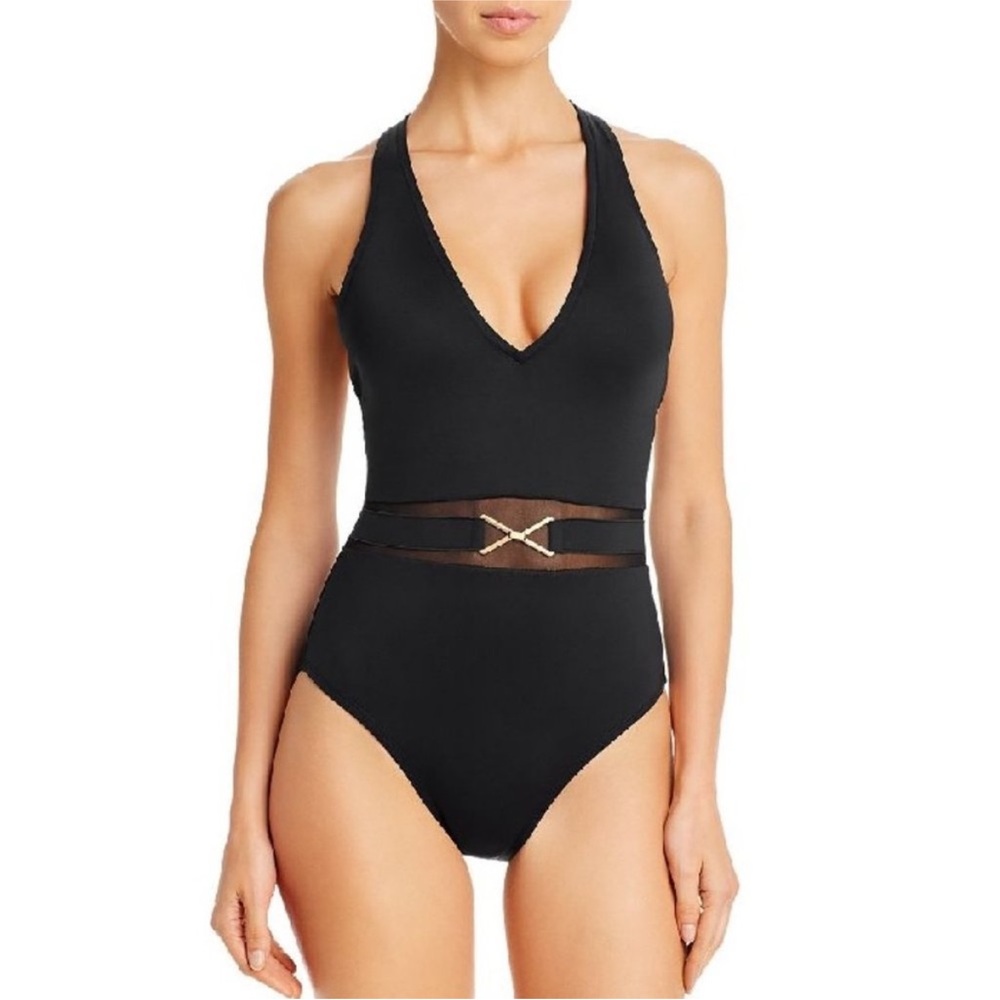 La Blanca Black One piece with sheer belt / gold buckle- Size 6 - Meshmerizing